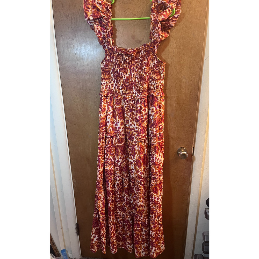 House of Harlow Zoey Orange Floral Tiered Smocked Ruffled Maxi Dress Size M Boho